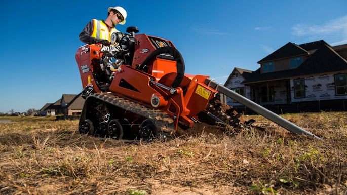Walk-behind trenchers are more compact and maneuverable, perfect for smaller jobsites with tight spaces or numerous obstacles, such as residential lawns and backyards. Ditch Witch’s CX-series walk-behind trenchers, for example, are easier to transport and operate in confined areas, offering a practical solution for landscapers and contractors working on smaller-scale projects. Both types of trenchers are designed to meet specific needs, ensuring that operators can choose the best equipment for their particular job conditions. Pictured is the C30X.