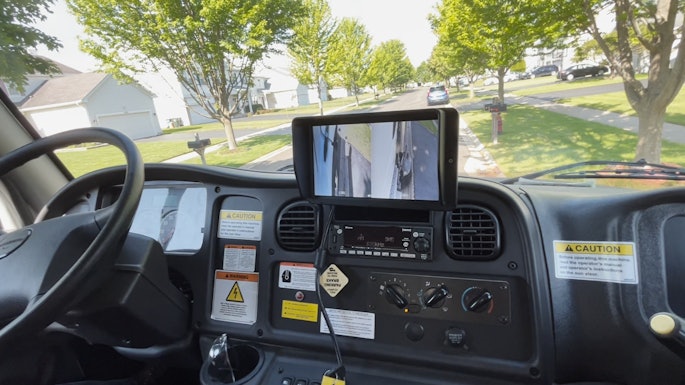 The DualEyes Camera System supports visibility on the front right tire and front right corner of the sweeper in addition to the right-side broom.