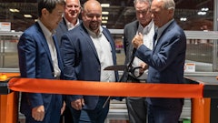 Toyota Material Handling held a ribbon-cutting ceremony for the company’s AutoStore installation within its Parts Distribution Center in Columbus, Indiana. Pictured (Front L-R): Bastian Solutions Chairman Hito Matsuoka, AutoStore Director of Sales - North America Joe Elie, and Toyota Material Handling North America President & CEO Brett Wood (Back L-R): Toyota Material Handling Vice President of Aftermarket Operations Bret Bruin and Toyota Material Handling President & CEO Bill Finerty.