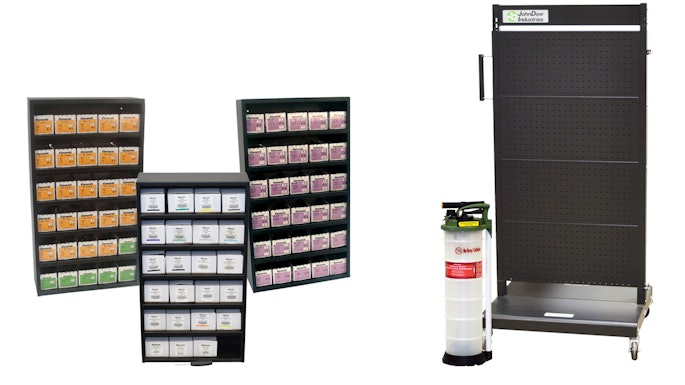 The new products include manual extractor and discharge pump, mobile tool cart and cabinet assortments.