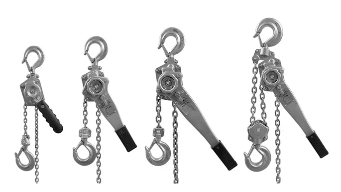 The stainless steel hoists are available in 0.25-, 0.75-, 1.5- and 3-ton versions, as well as various lengths.