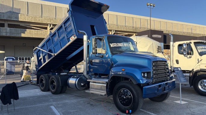 The Freightliner 114SD Ox Bodies Dump features a Detroit DT12 automated manual transmission and includes several key Detroit Assurance safety features.